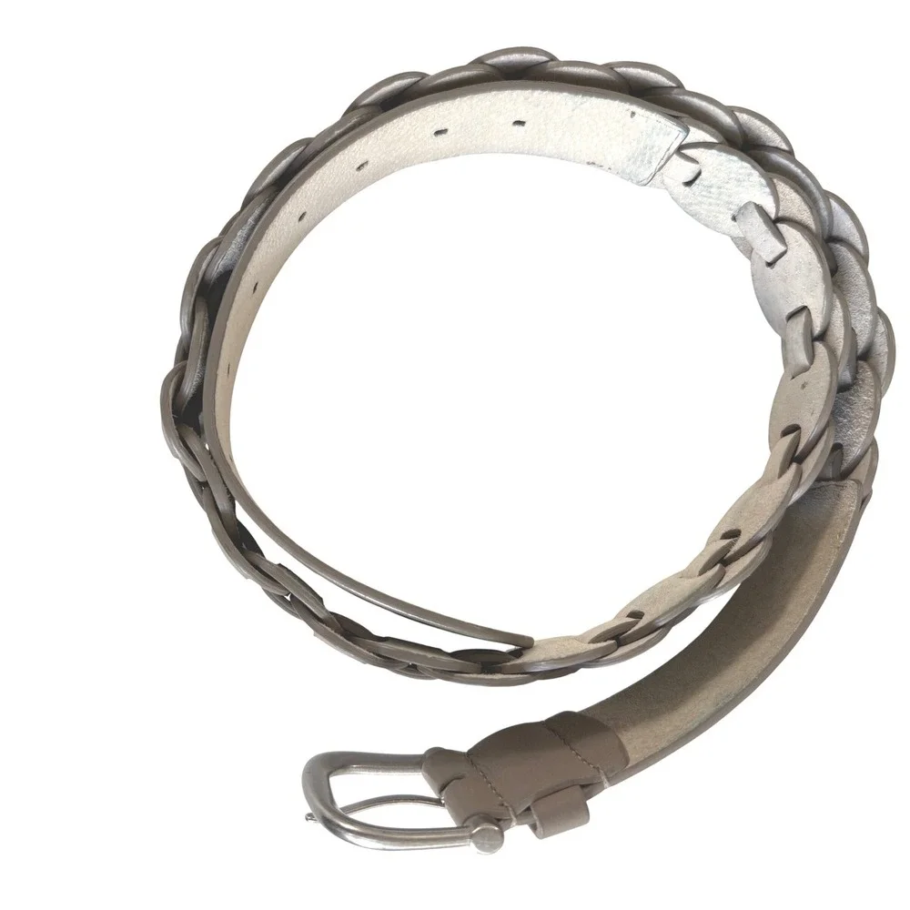 Vintage Wide Genuine‎ Leather Disc Link Belt Taupe Silver Buckle Boho Belt